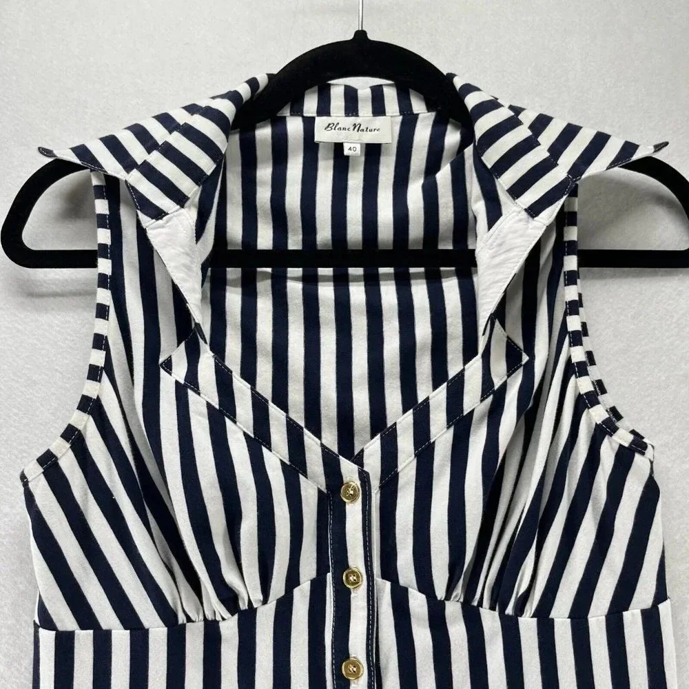 Blanc Nature Blouse Womens Sz 40 Striped Button Front Sleeveless Blue White - Picture 3 of 9